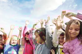 happy child kids group have fun and play at kindergarden indoor preschool education concept with teacher